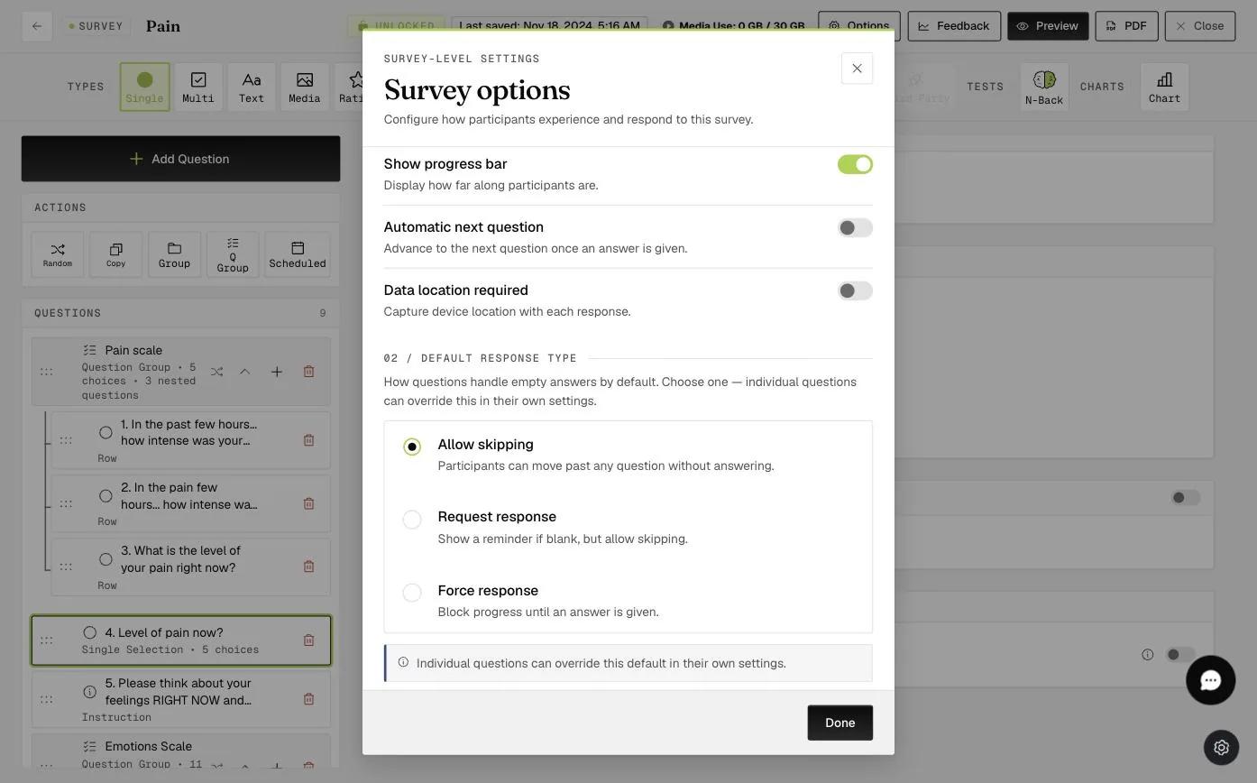 The Default Response Type section of Survey options with Allow skipping, Request response, and Force response, noting individual questions can override it