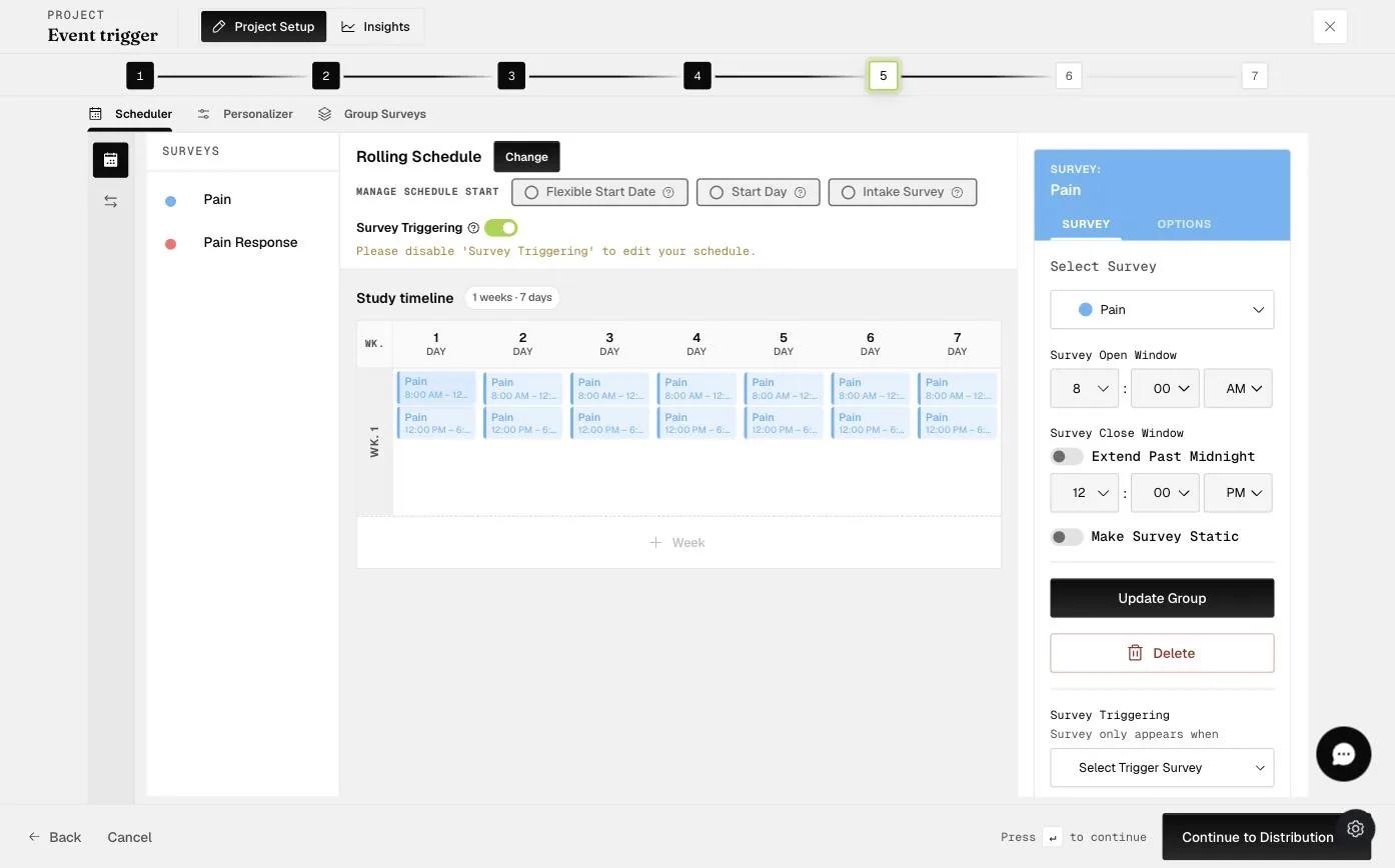 A selected survey timeslot showing its Survey Open Window and Survey Close Window time pickers and the Make Survey Static toggle