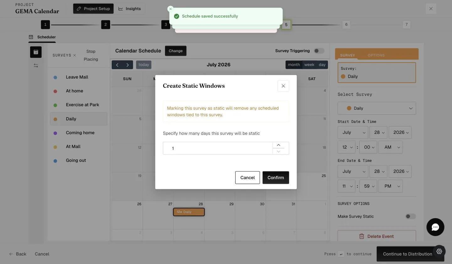 The Create Static Windows dialog asking how many days the survey will be static