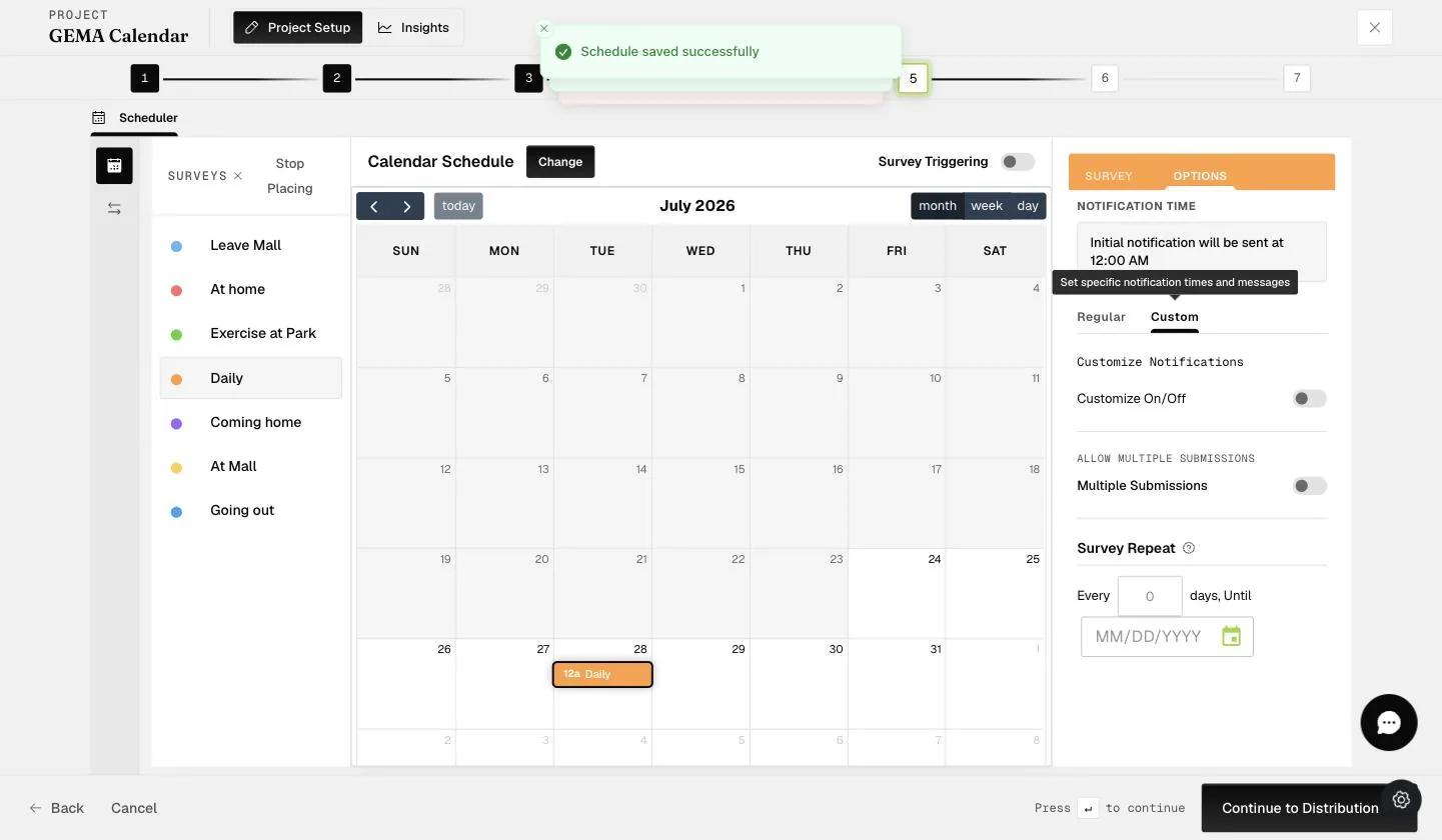 The Custom notifications tab with a Customize On/Off toggle for specific notification times and messages