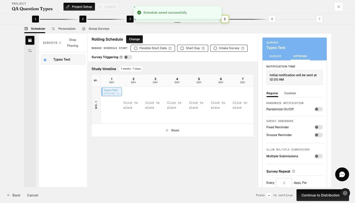 The Survey Repeat option that recurs the survey across days