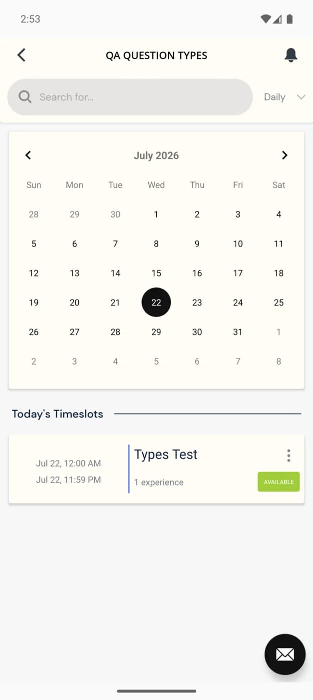 The app's study calendar view with Today's Timeslots showing an available survey