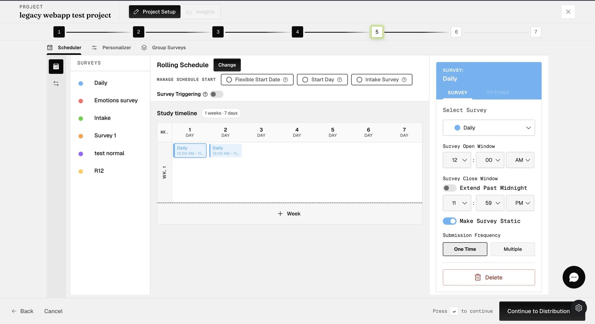 The SURVEY tab of a placed window on a Rolling schedule, showing the survey's open and close windows, Make Survey Static switched on, and a Submission Frequency setting offering One Time or Multiple