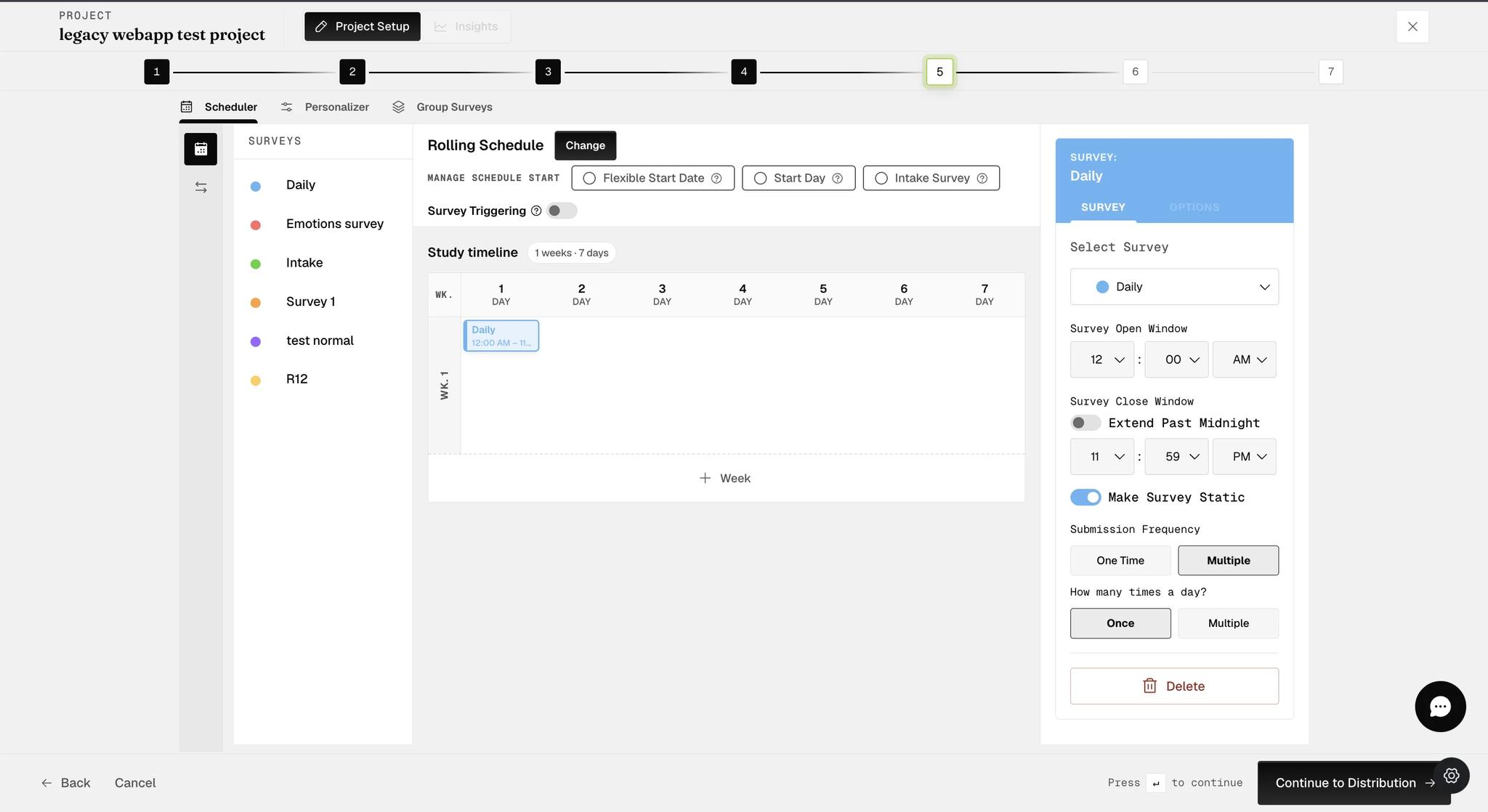 The same SURVEY tab with Multiple chosen under Submission Frequency, revealing a How many times a day question offering Once and Multiple