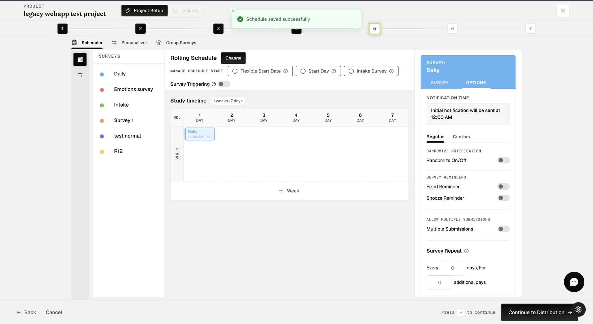The OPTIONS tab for a survey on a Rolling schedule, listing the initial notification time, Regular and Custom tabs, a randomize toggle, fixed and snooze reminders, the Multiple Submissions switch, and a Survey Repeat control reading every so many days for a number of additional days