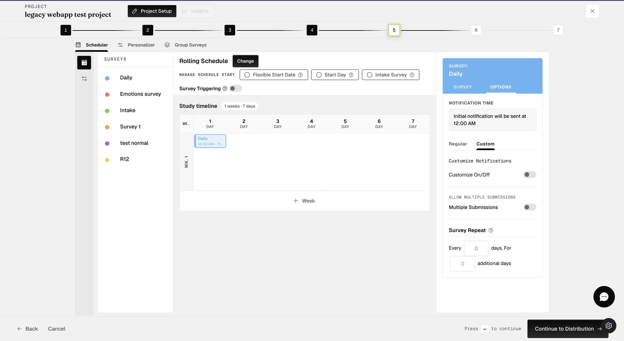 The OPTIONS tab switched to Custom, where the randomize and reminder settings are replaced by a single Customize On/Off toggle, with Allow Multiple Submissions and Survey Repeat still below