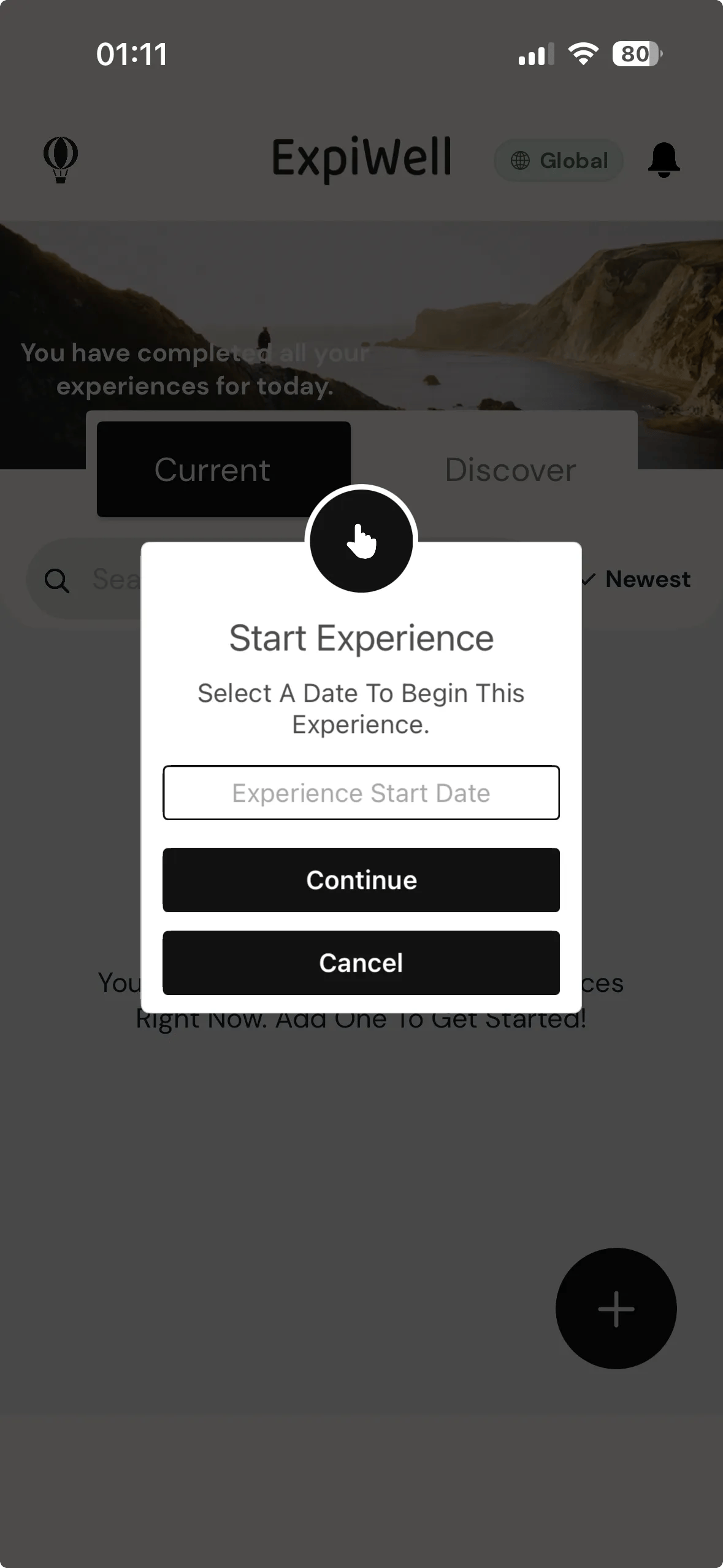 A Start Experience dialog on the ExpiWell mobile app reading Select A Date To Begin This Experience, with an Experience Start Date field above Continue and Cancel buttons