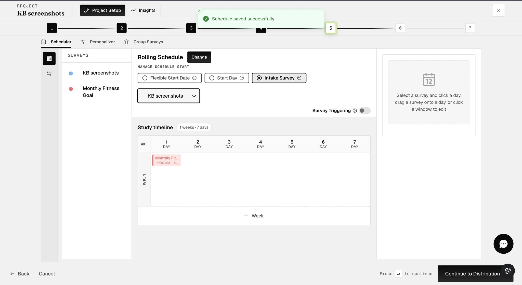 The Manage Schedule Start row with Intake Survey switched on and a survey chosen from the dropdown beside it, with the study timeline below unchanged