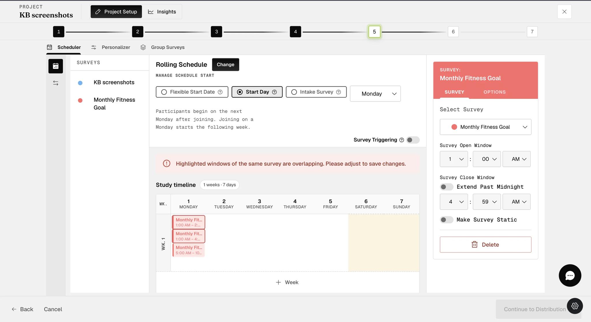 A warning across the scheduler reading that highlighted windows of the same survey are overlapping and must be adjusted before changes can be saved
