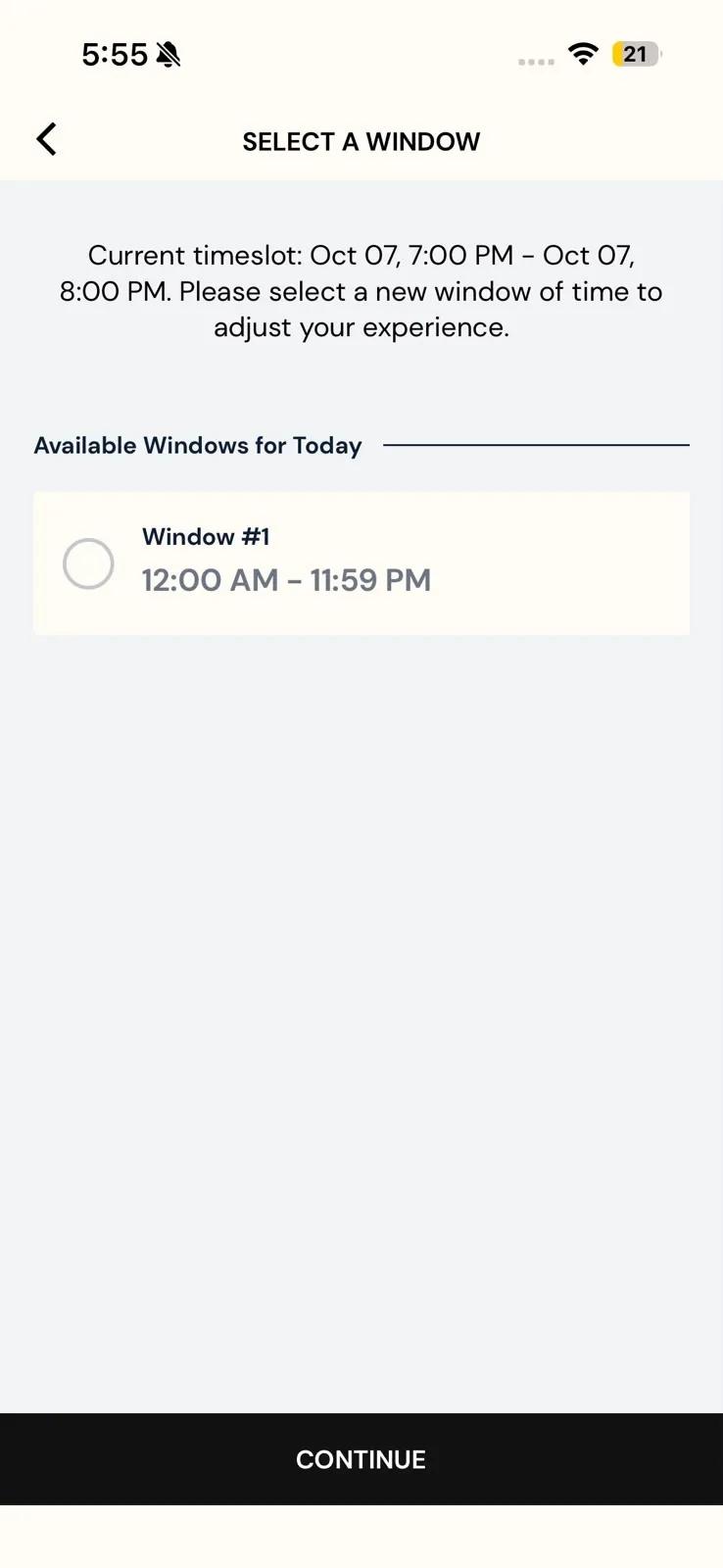 The Select a Window screen on iOS showing the current timeslot of 7:00 PM to 8:00 PM and one window, 12:00 AM to 11:59 PM, under Available Windows for Today, above a Continue button