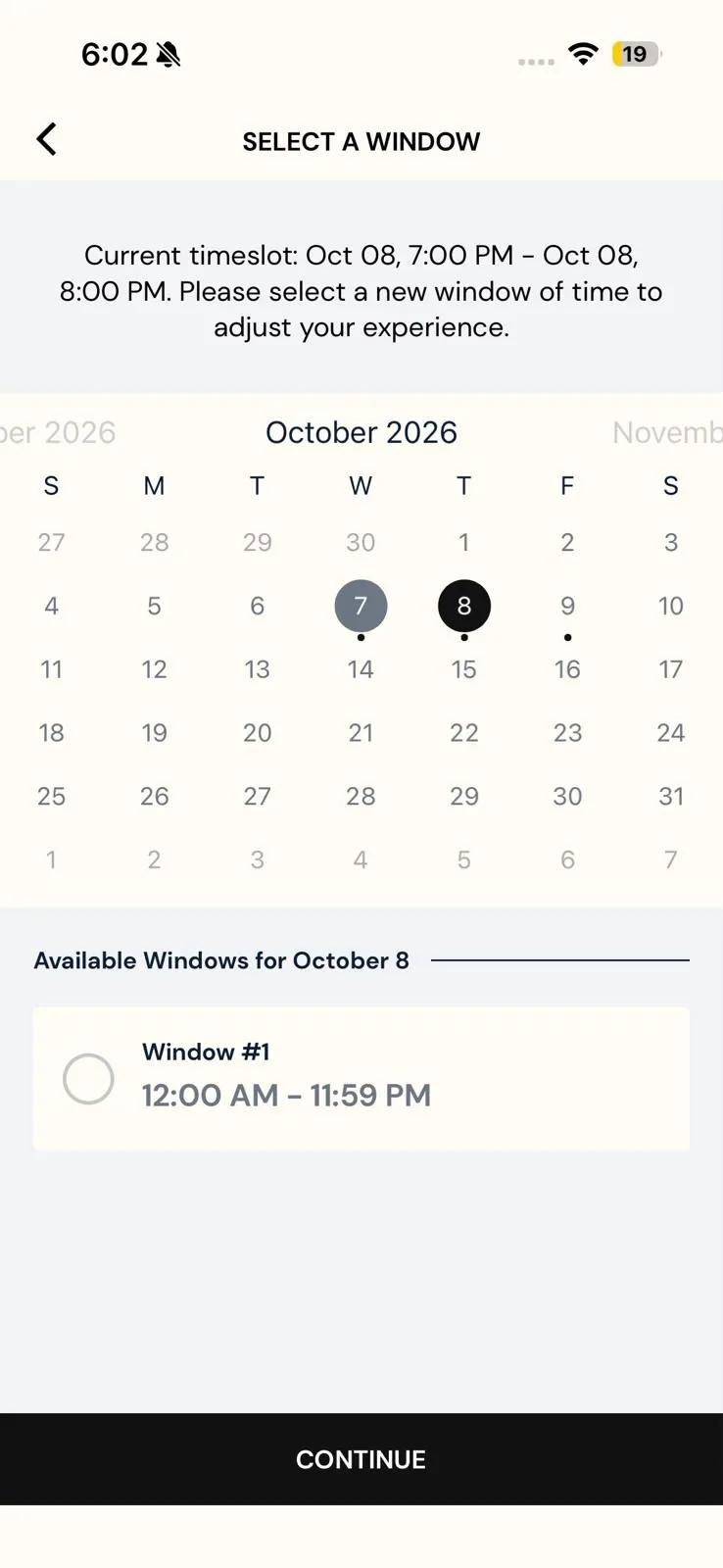 The Select a Window screen on iOS for moving a survey, with the current timeslot of October 8, 7:00 PM to 8:00 PM, a calendar with October 7, 8 and 9 marked as available, one window under Available Windows for October 8, and a Continue button