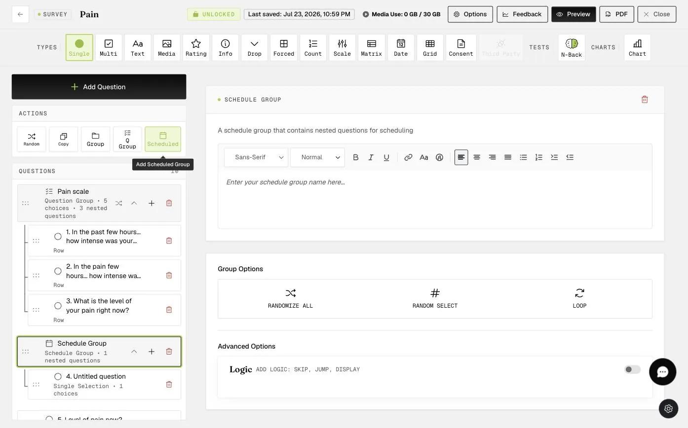 The survey builder showing a Schedule Group with Group Options (Randomize All, Random Select, Loop) and an Advanced Options Logic panel