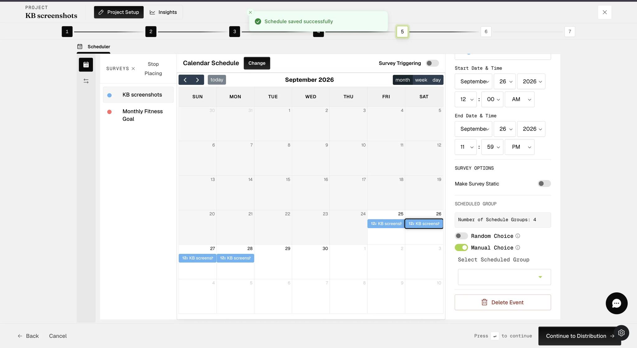 The project Scheduler right panel with Random Choice turned off, Manual Choice turned on, and a Select Scheduled Group dropdown for choosing which group this session delivers