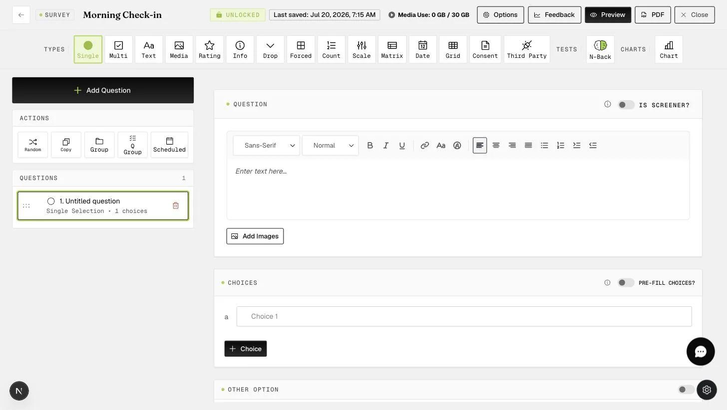 The survey question editor showing a single-selection question with the Is Screener toggle, rich-text prompt, and choice list
