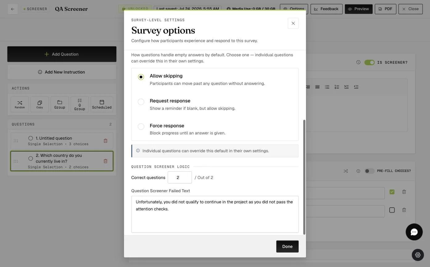 The survey Options dialog Question Screener Logic section with the number of correct questions required and the Question Screener Failed Text