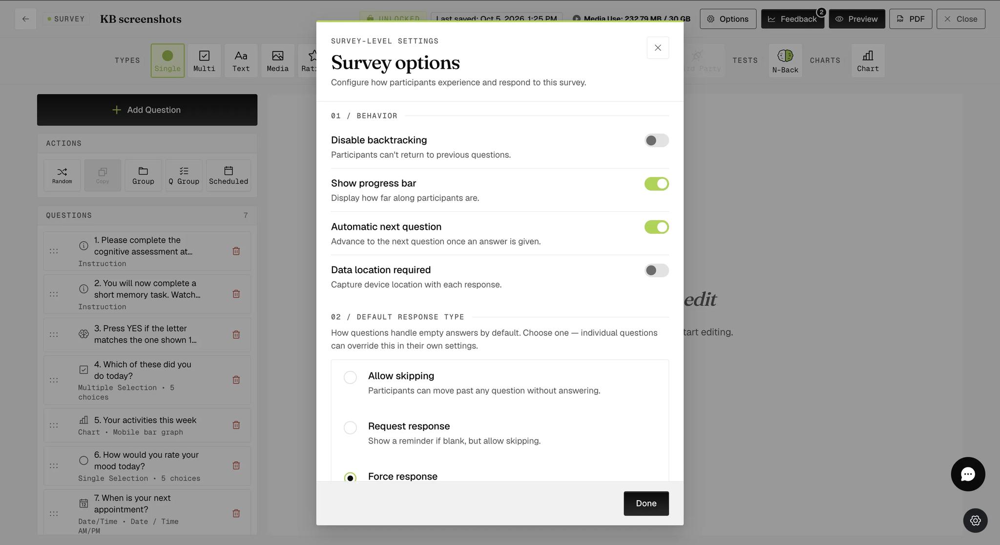 The survey editor with its Options button at the top right and a Survey options dialog open over it, showing numbered sections for Behavior and Default Response Type