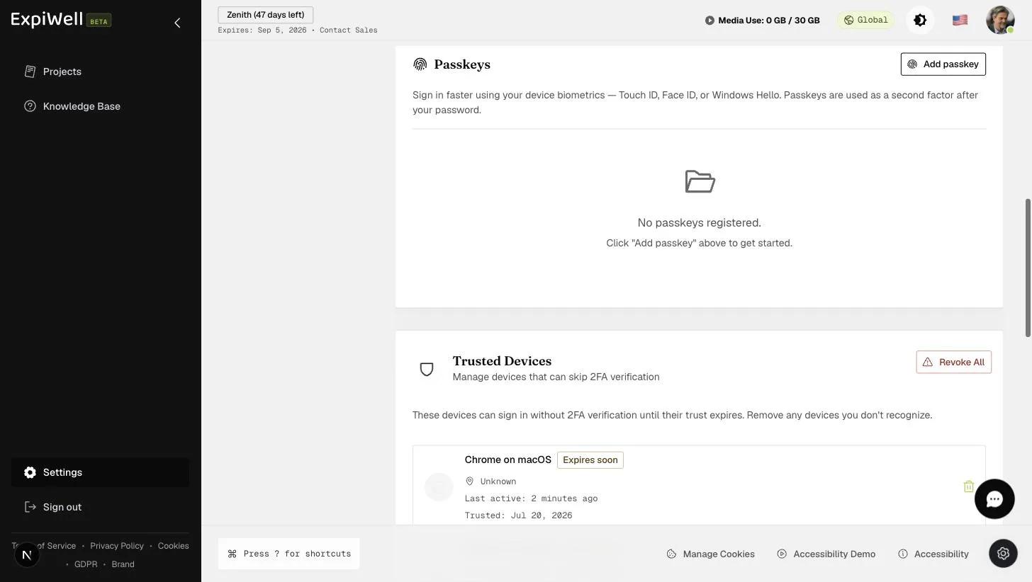 The Passkeys card in Security settings with an Add passkey button, explaining sign-in via Touch ID, Face ID, or Windows Hello, above the Trusted Devices card