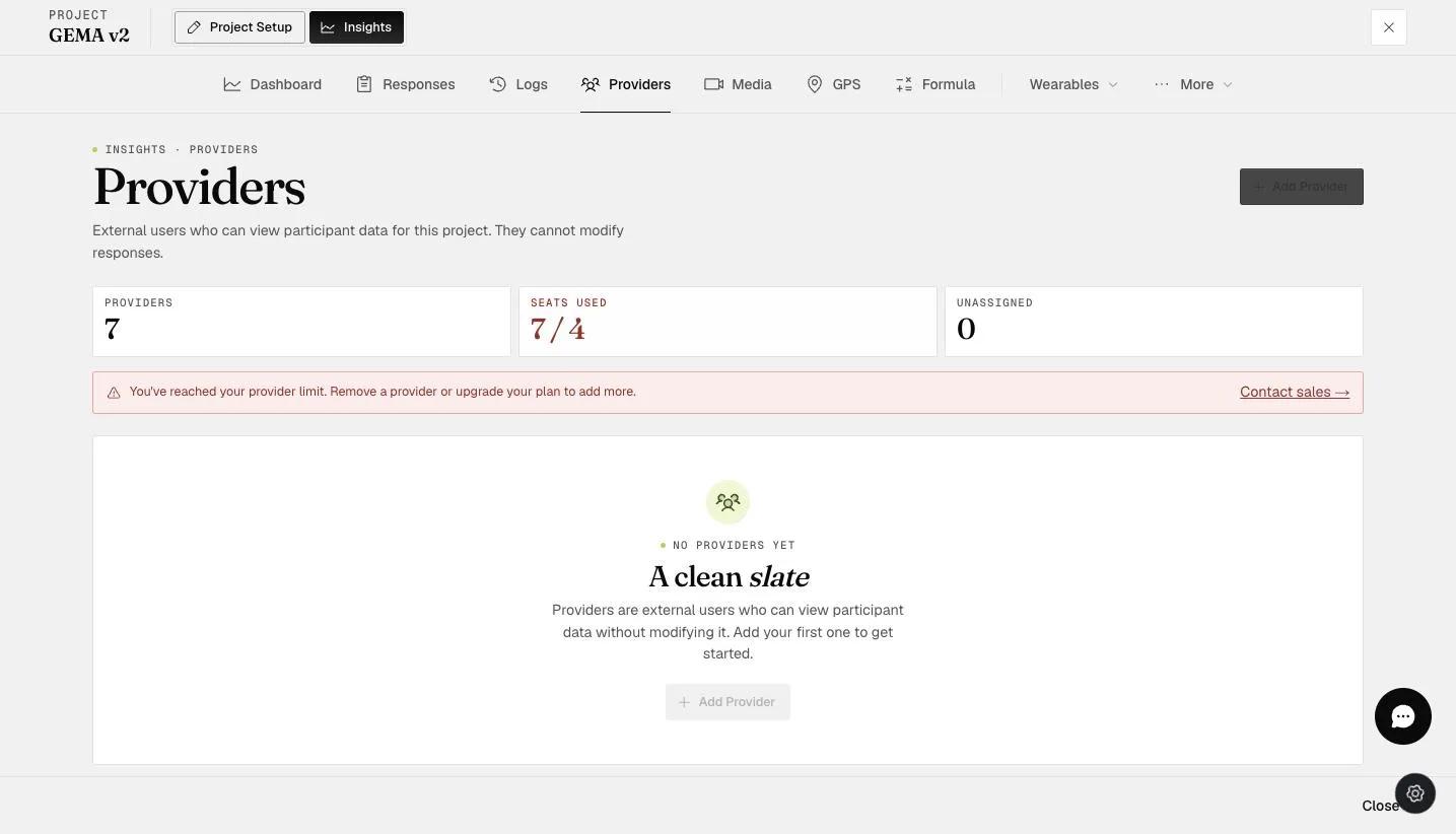 The Insights Providers tab — external users who can view participant data without modifying it — with an Add Provider button