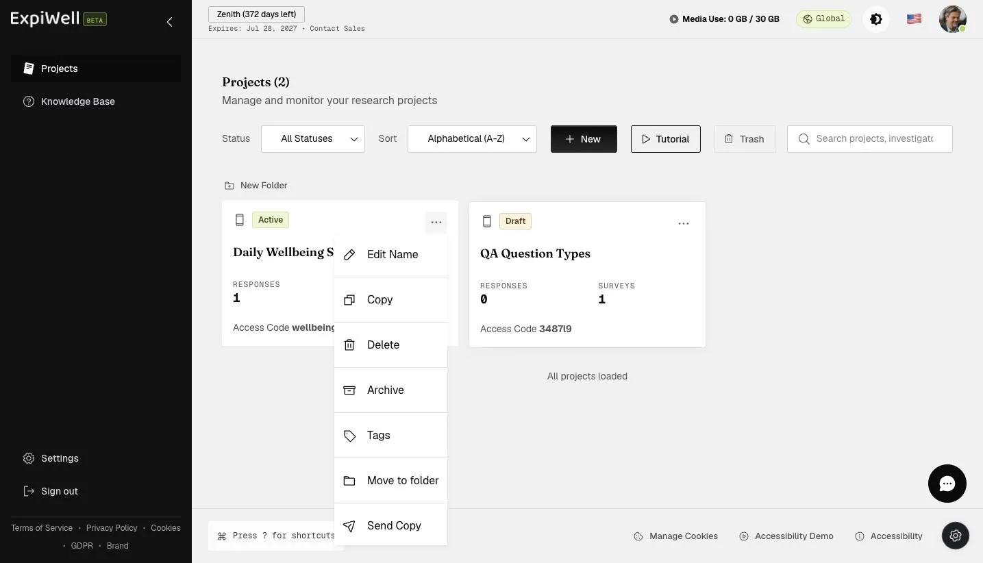 The project card menu with the Send Copy option to share a copy of a project with another ExpiWell user