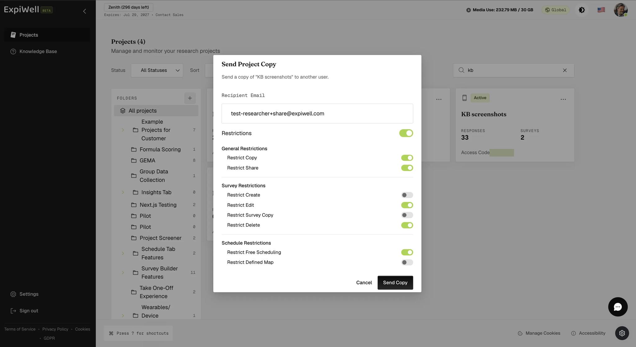 The Send Project Copy dialog with a recipient email filled in and the Restrictions toggle switched on, revealing General, Survey and Schedule groups; Restrict Copy, Restrict Share, Restrict Edit, Restrict Delete and Restrict Free Scheduling are on, the other three off