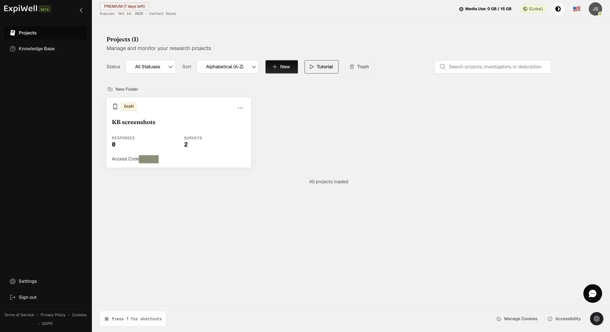 The recipient's Projects page holding a single project, KB screenshots, marked Draft with zero responses, two surveys, and its own access code redacted in this screenshot