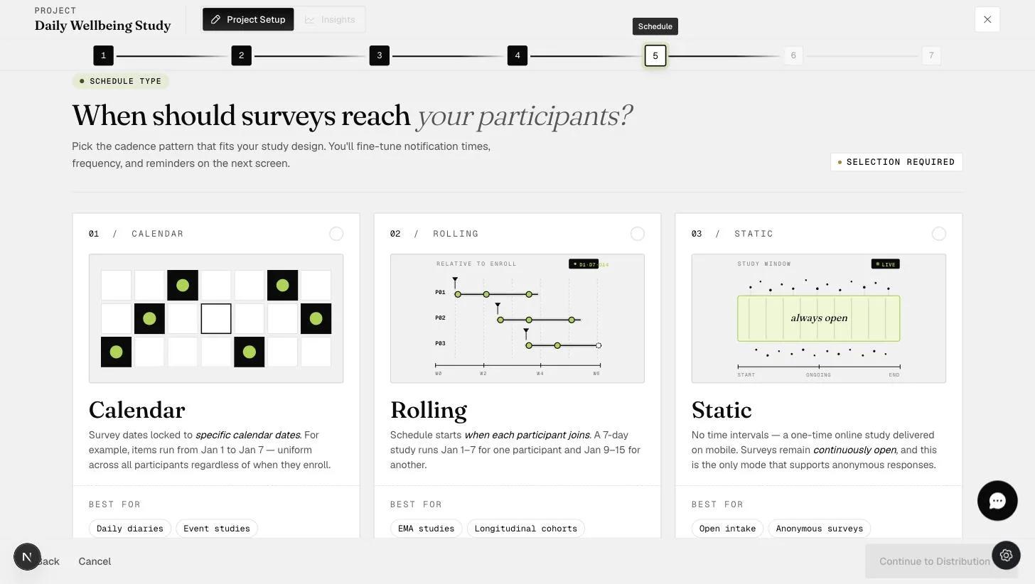 The Schedule step showing the Static option: a one-time study with continuously open surveys, the only mode supporting anonymous responses