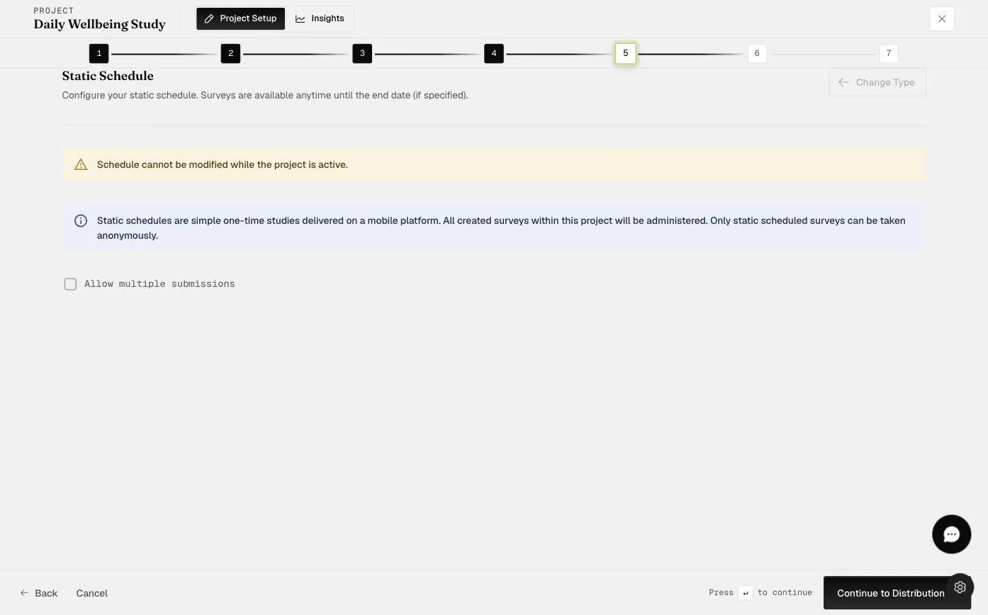 The Static Schedule step explaining that static schedules are one-time studies where all surveys are available anytime and can be taken anonymously, with the Allow multiple submissions option unchecked