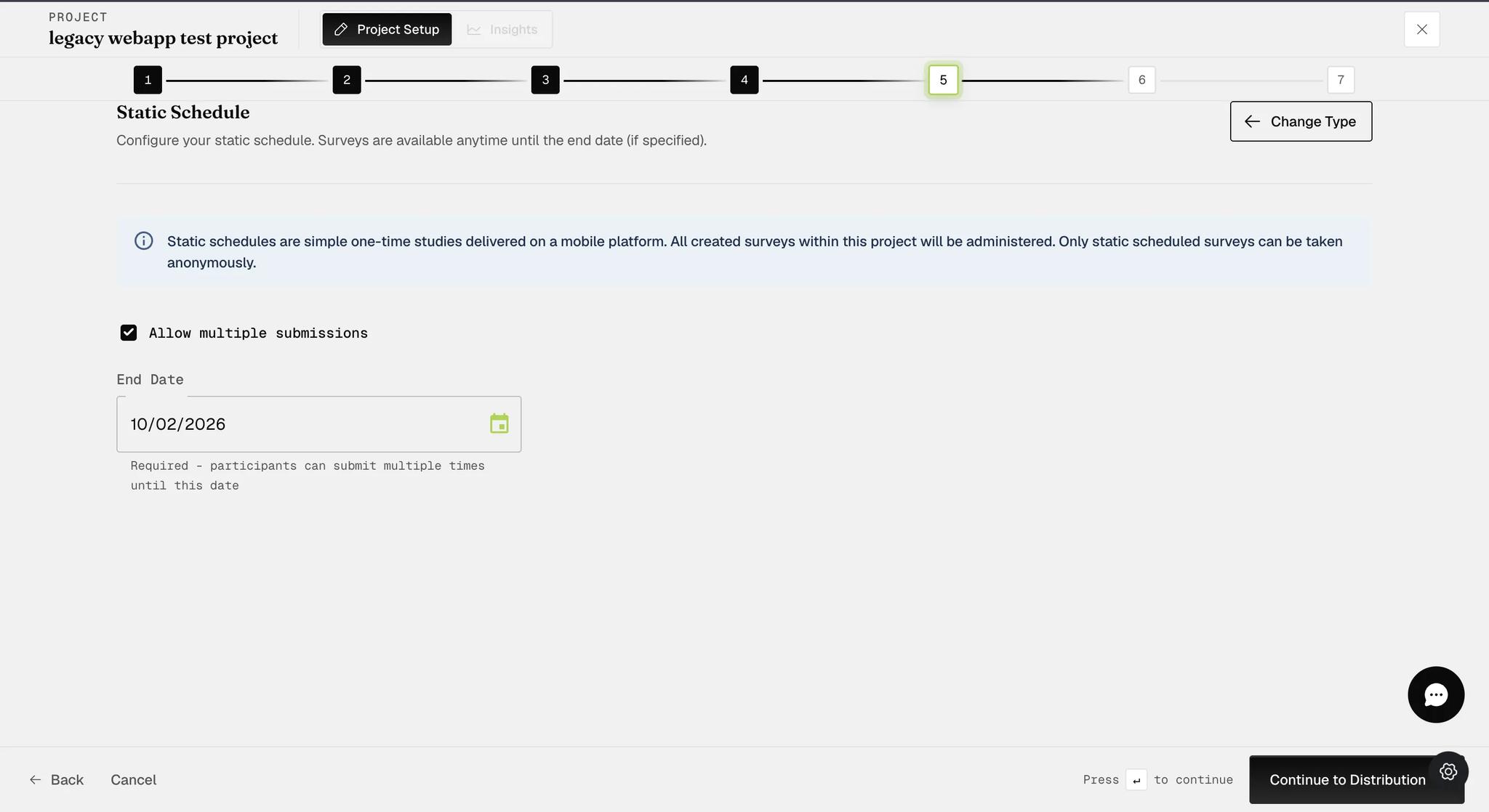The Static Schedule screen with Allow multiple submissions ticked, revealing an End Date field dated 10/02/2026 whose helper text reads that it is required and that participants can submit multiple times until this date