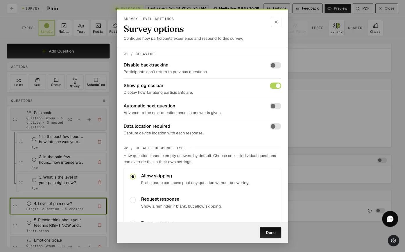 The Survey options panel: Behavior toggles for disable backtracking, show progress bar, automatic next question, and data location required