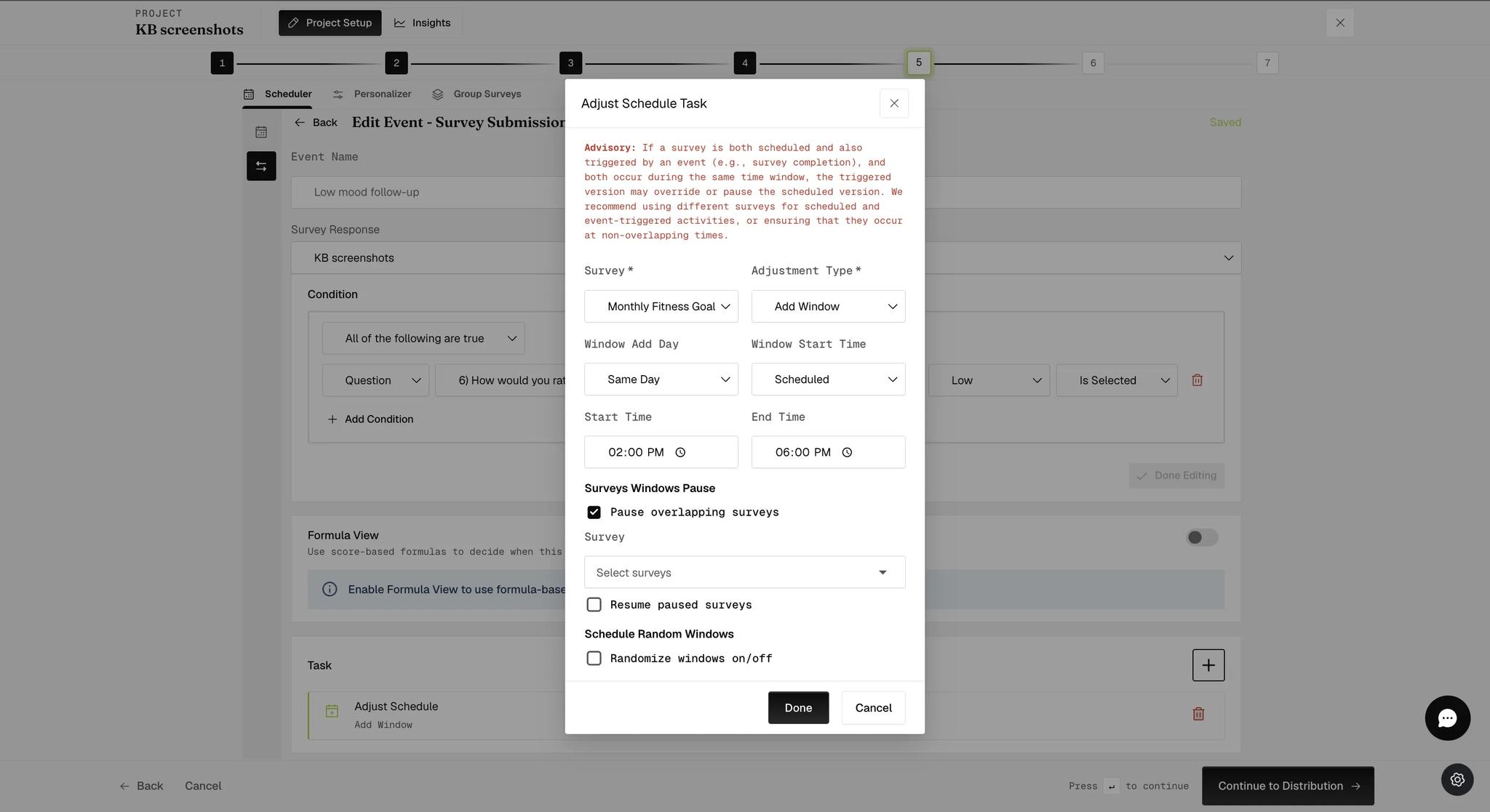An Adjust Schedule task adding a window from two to six PM, with a Surveys Windows Pause section below holding a ticked Pause overlapping surveys checkbox, a survey selector, and an unticked Resume paused surveys checkbox