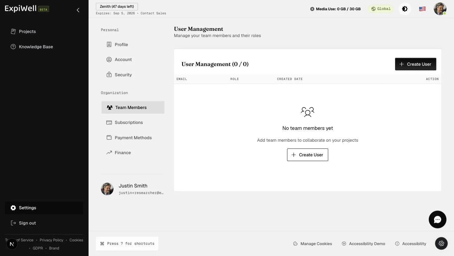 The Team Members settings page with the User Management table listing members by email, role, and created date, and a Create User button