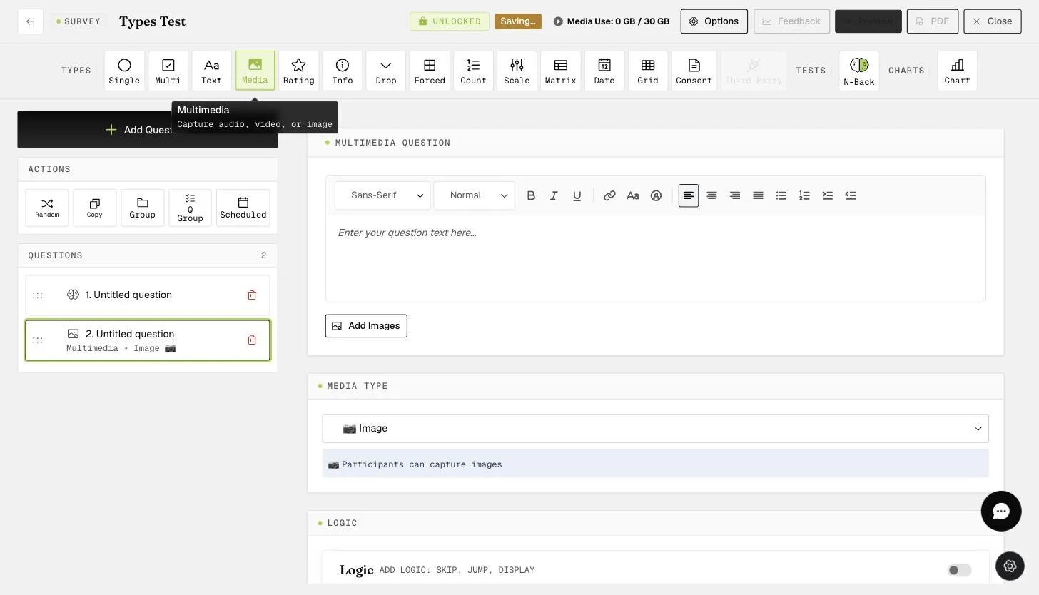 The Multimedia question editor with a media type selector (Image, video, or audio) for richer data collection