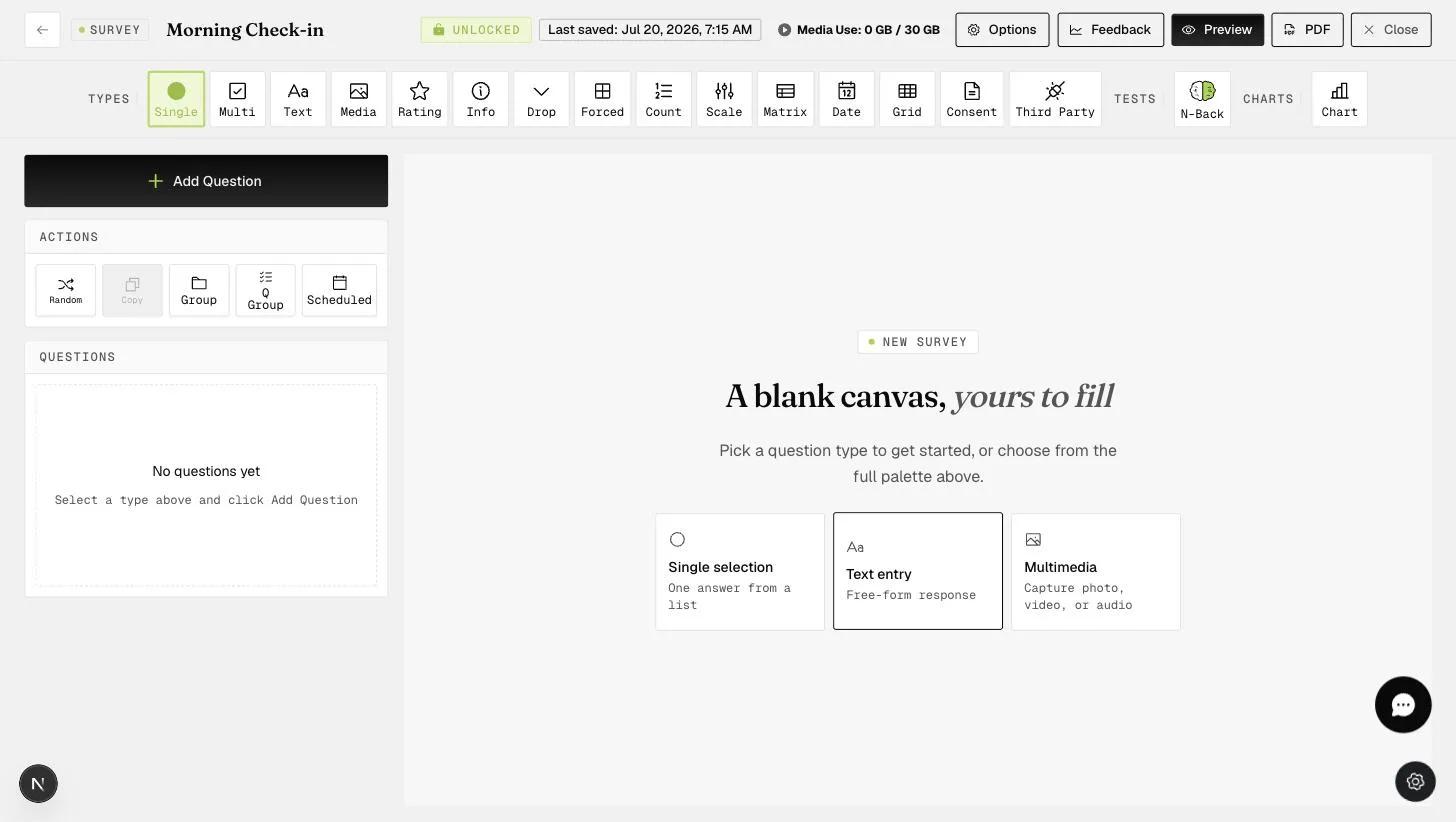 The survey builder with the full question-type palette: Single, Multi, Text, Media, Rating, Info, Drop, Forced, Count, Scale, Matrix, Date, Grid, Consent, Third Party, the N-Back test, and Chart