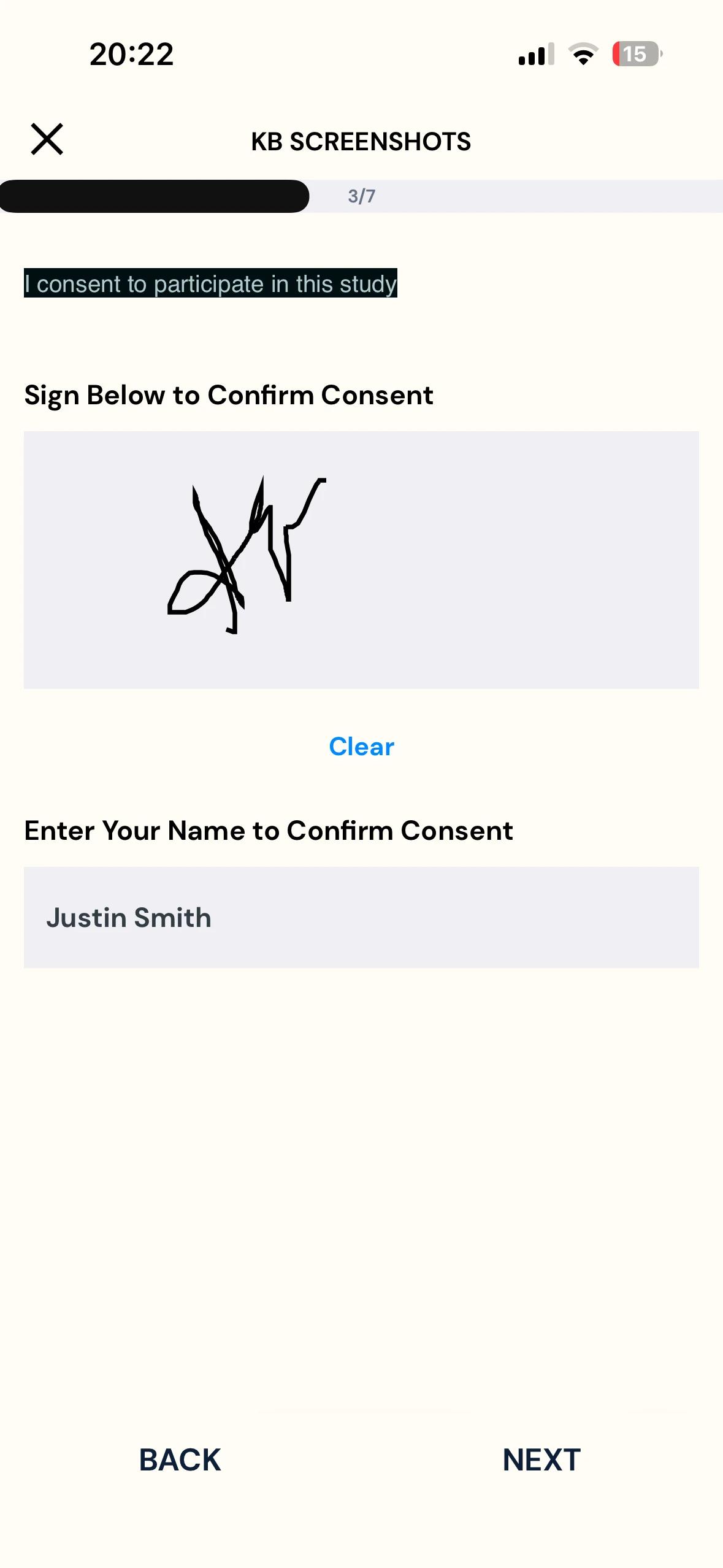 The E-Consent question on the ExpiWell mobile app showing the consent text, a signature canvas, a Clear button, and a name-entry field