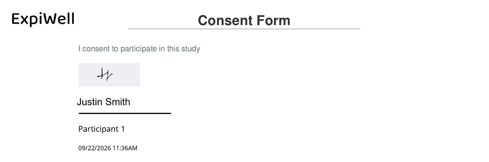 A signed ExpiWell Consent Form showing the consent text, signature, participant name, Participant ID, and date/time stamp