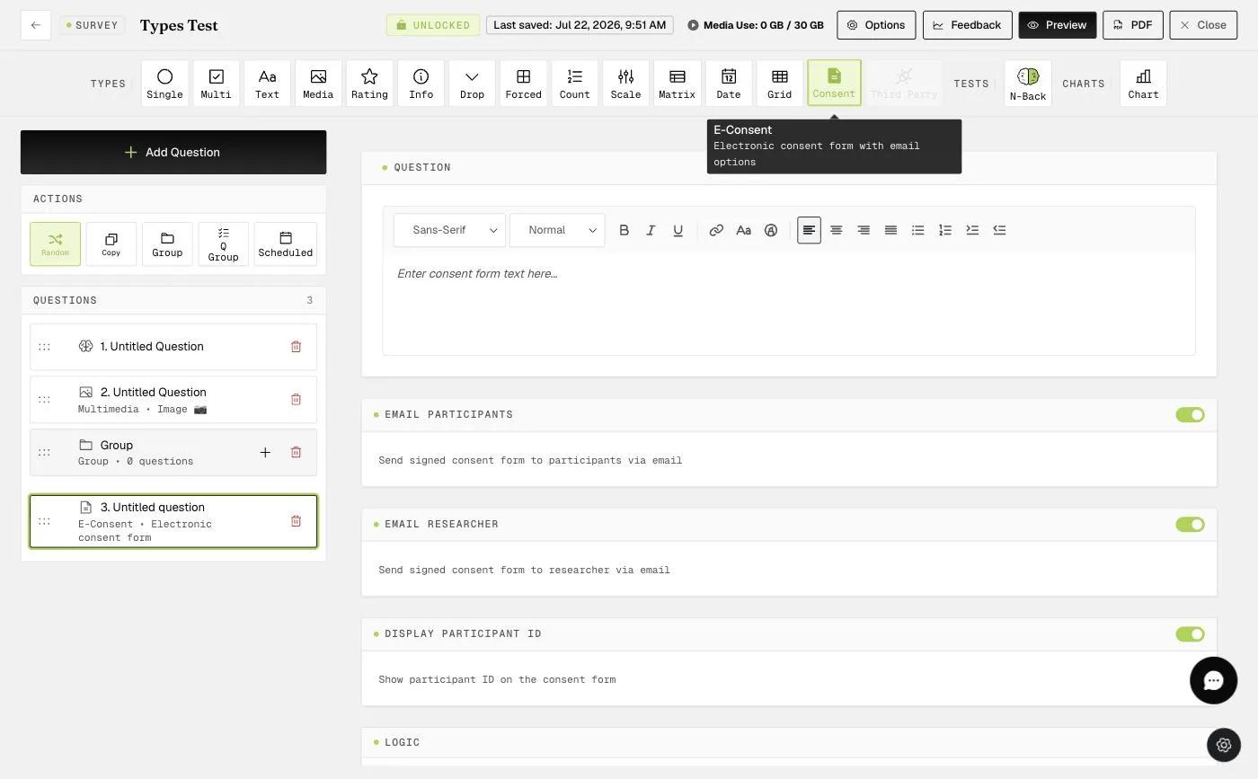 E-Consent Email Participants and Email Researcher options to send the signed consent form