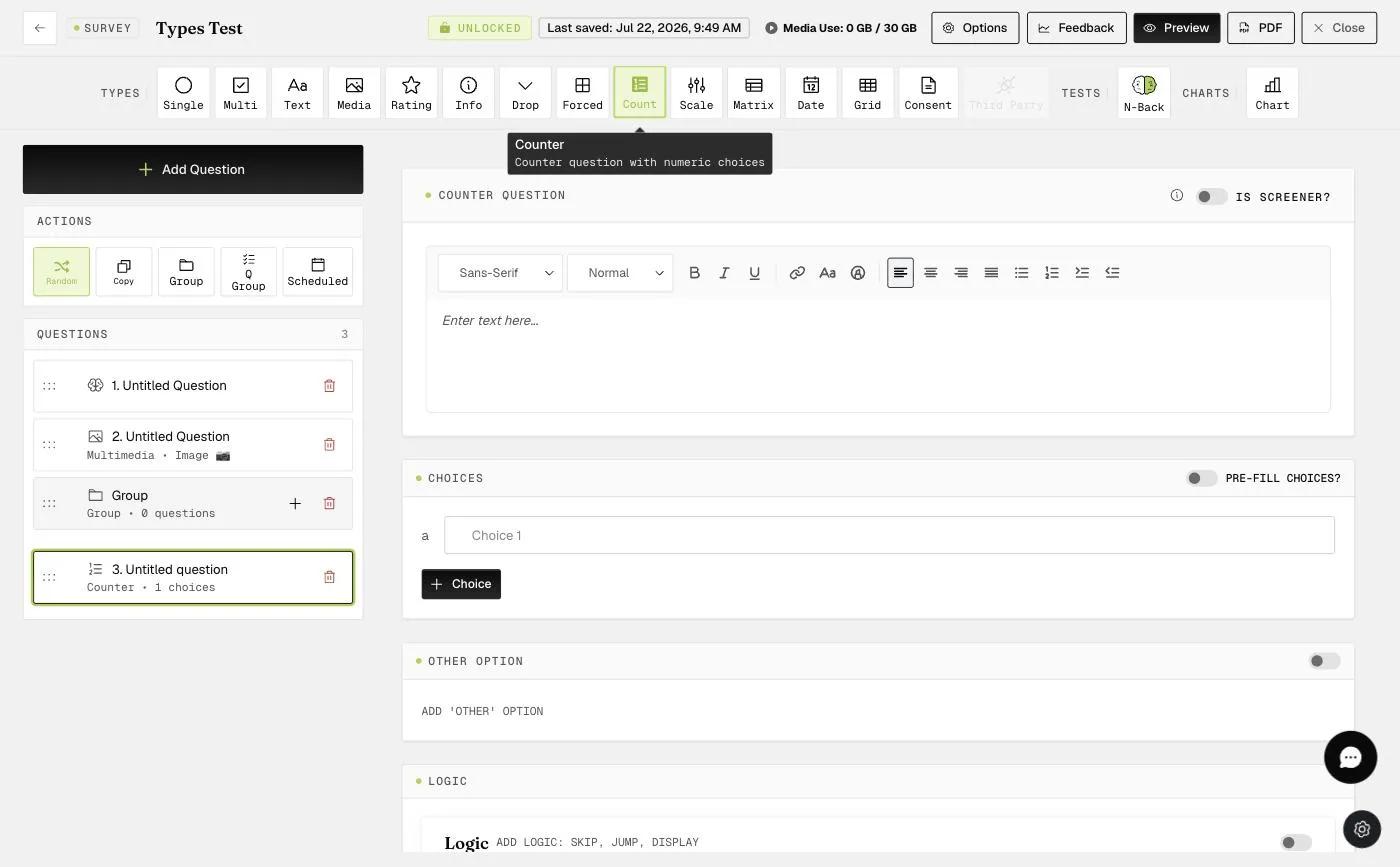 The Counter question editor with numeric choices