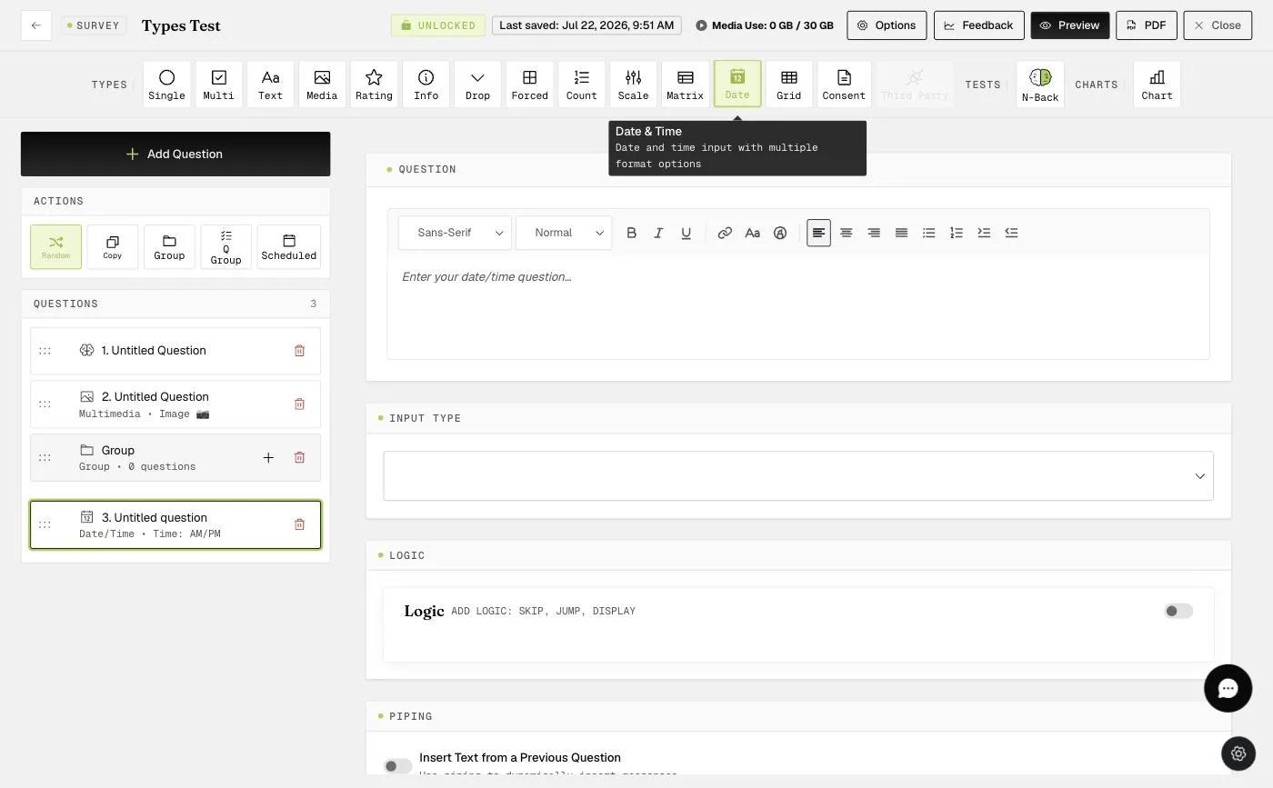 The Date & Time question editor with an Input Type selector for date/time formats