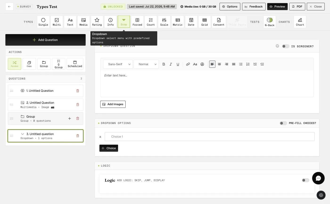 The Dropdown question editor with a predefined-options list