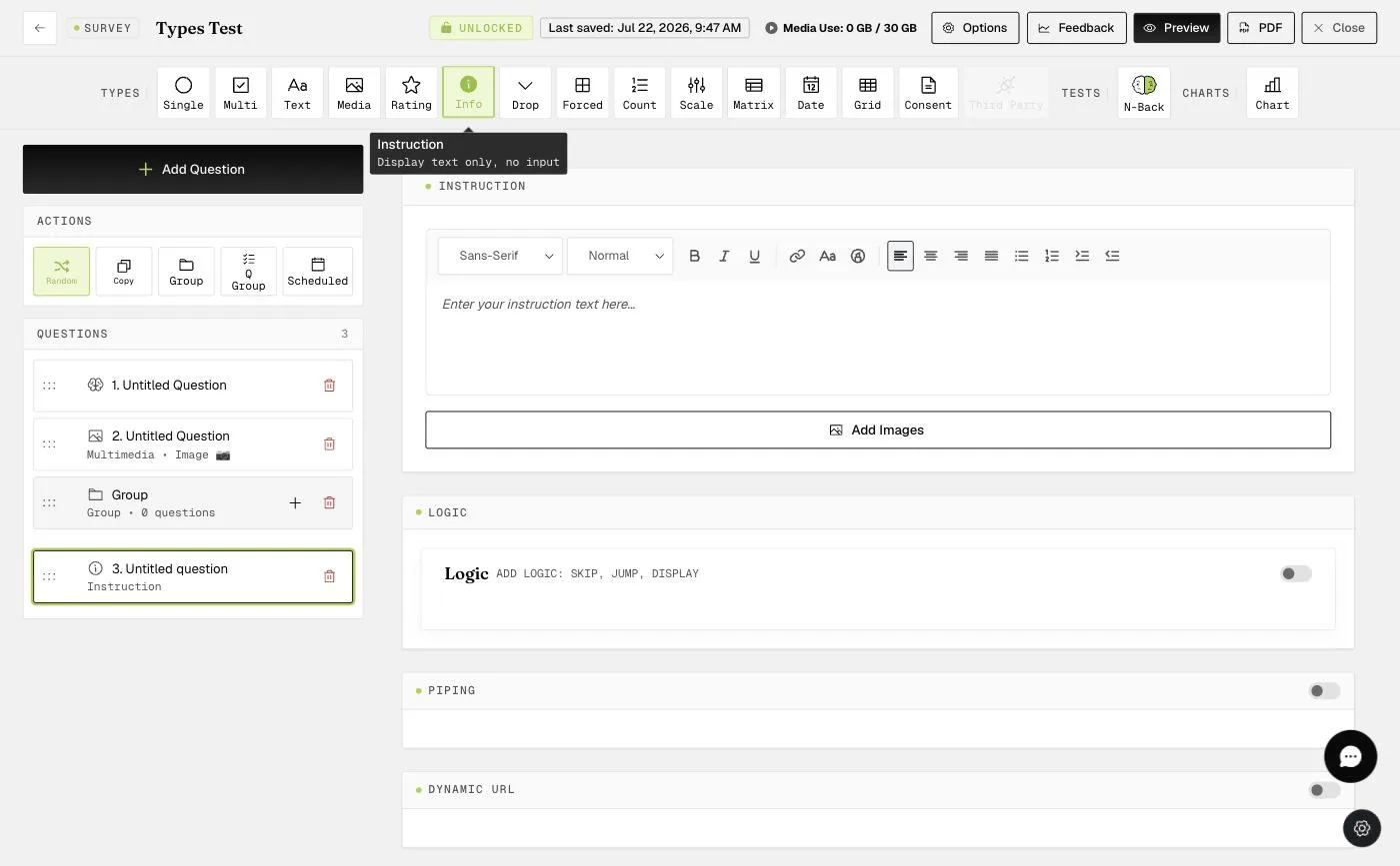 The Instruction (Info) question editor — display-only text with no participant input