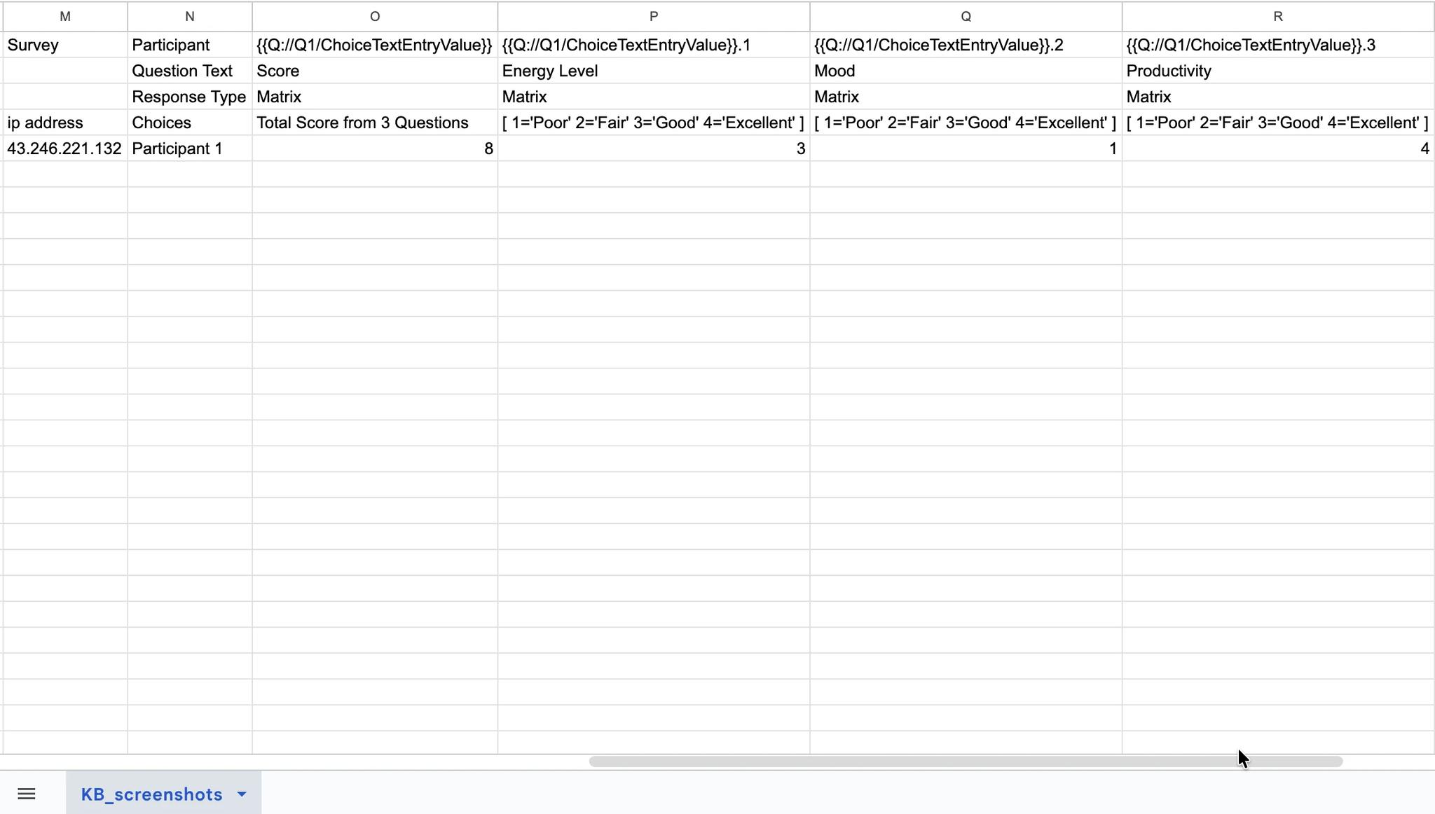 A CSV export showing the Matrix question columns: Score (total), Energy Level, Mood, and Productivity with numeric values mapped to the scale Poor/Fair/Good/Excellent