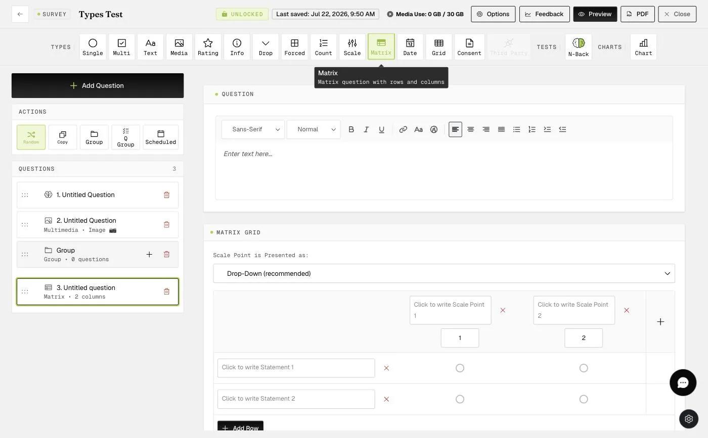 The Matrix (Grid) question editor with scale points and statement rows