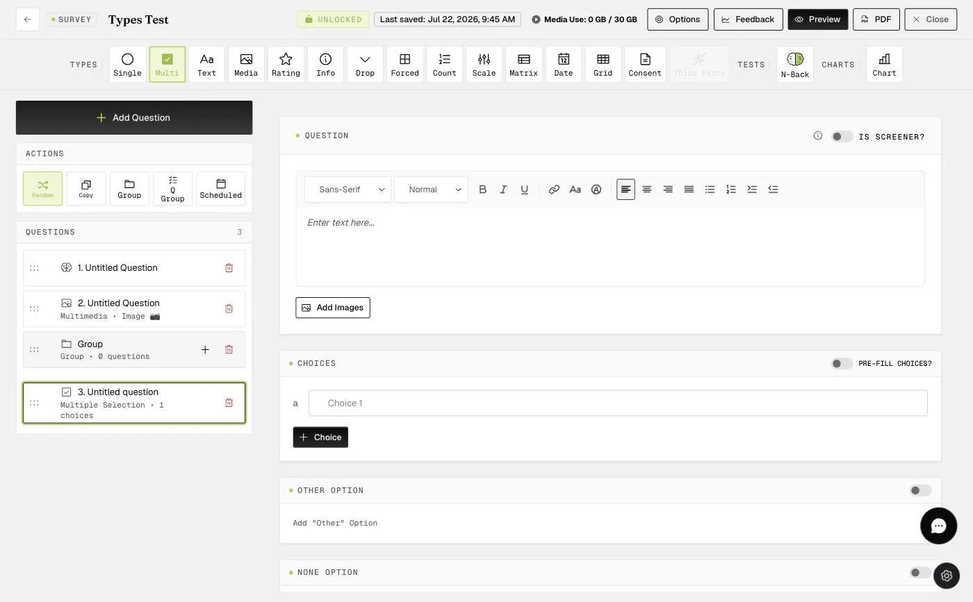 The Choices section of a Multiple Selection question where response options are added