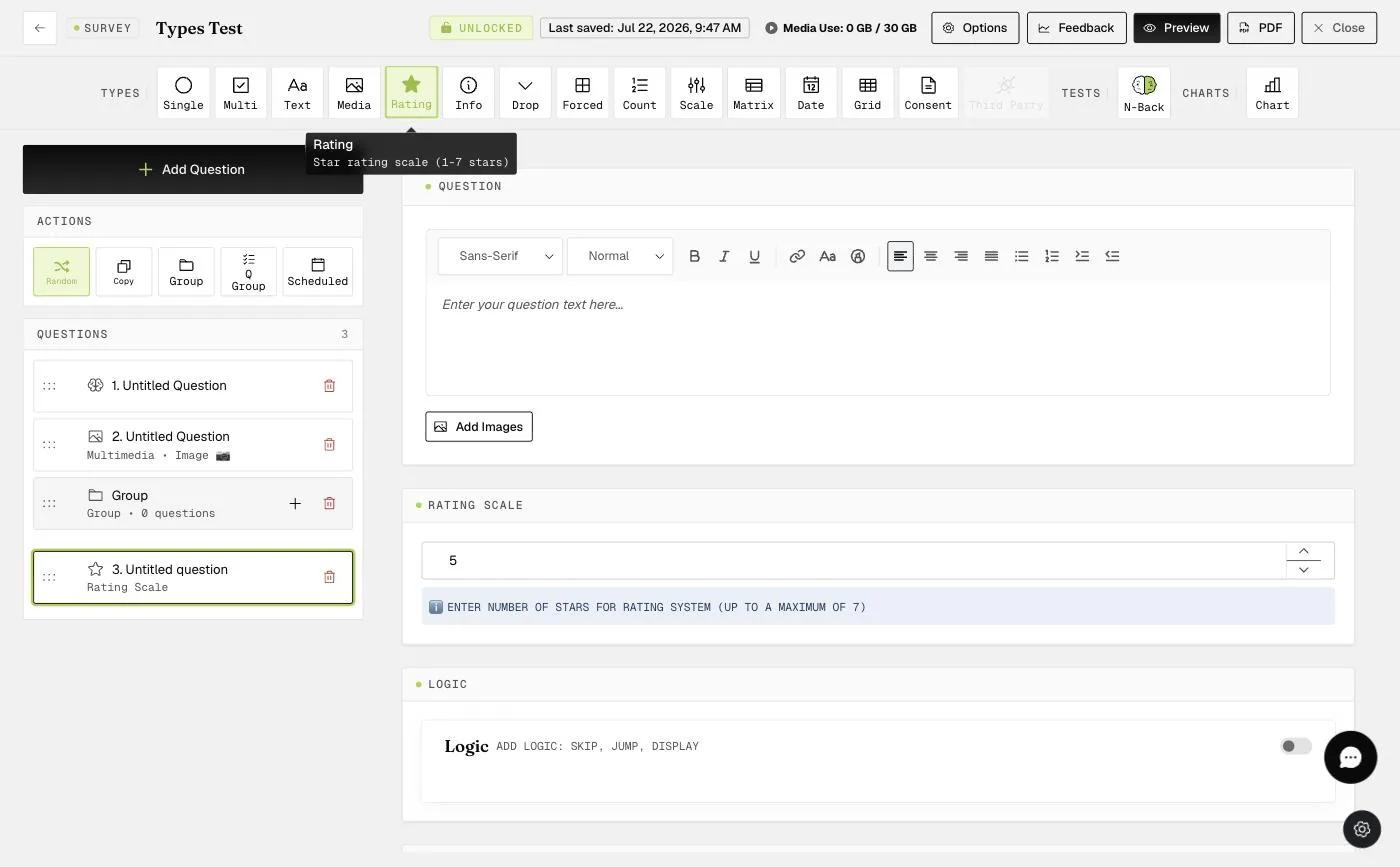 The Rating Scale question editor — a star rating scale up to seven stars