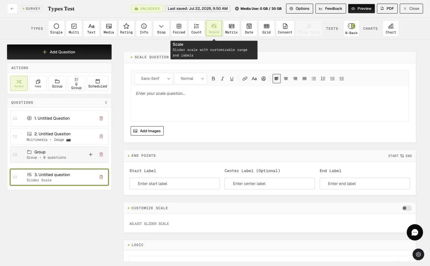 The Sliding Scale question editor with End Points (start/center/end labels) and Customize Scale