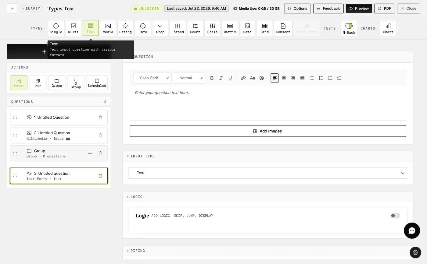 The Text Entry question editor with an Input Type selector