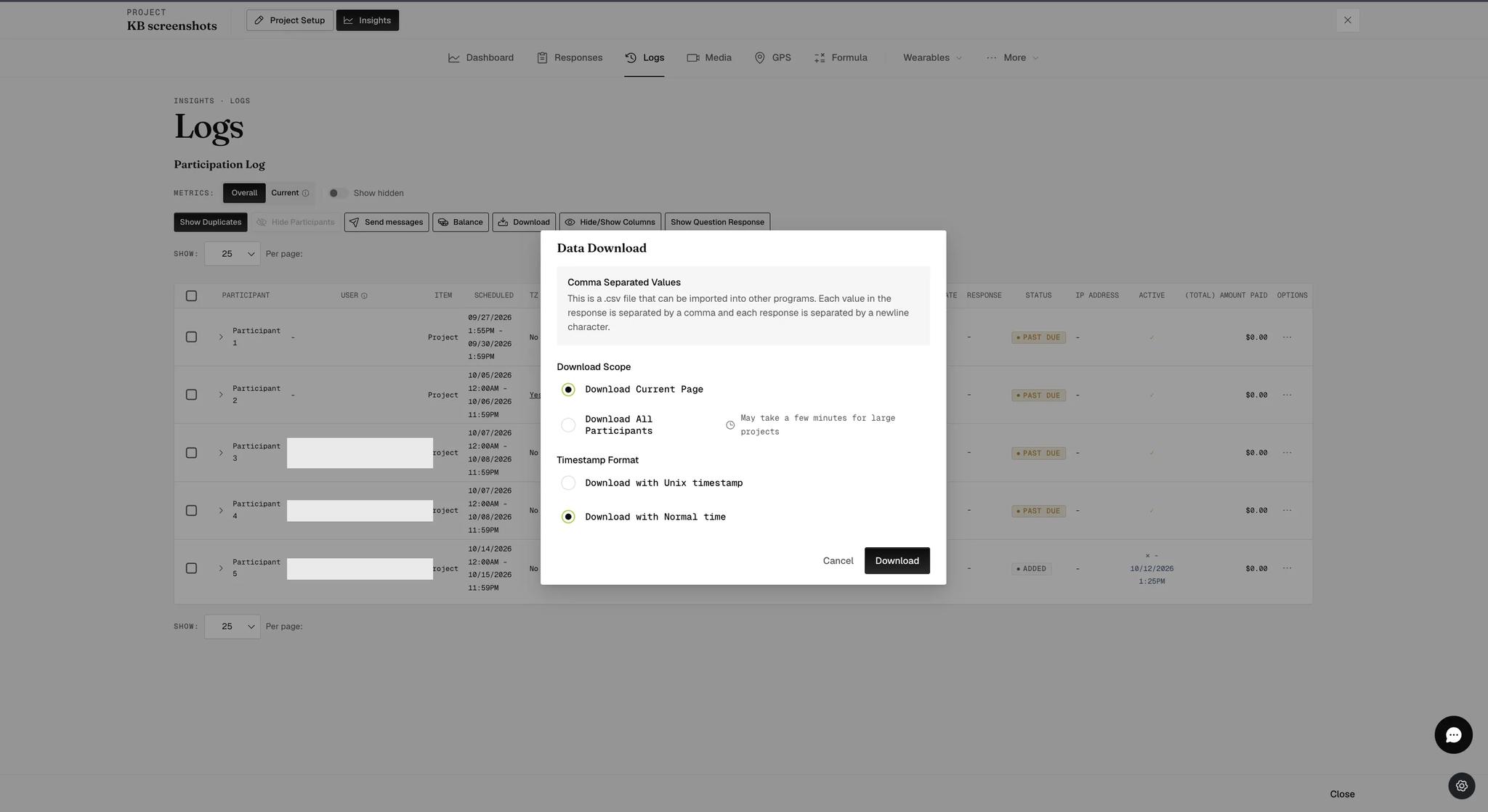 The Logs Data Download dialog with a Download Scope choice of current page or all participants, and a Timestamp Format choice of Unix timestamp or Normal time, with Normal time selected