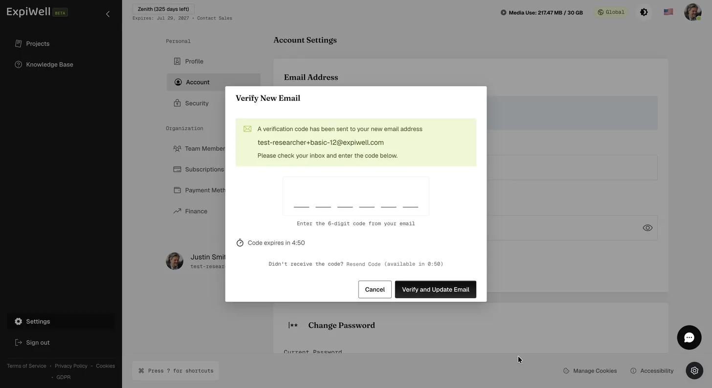The Verify New Email dialog naming the new address the code was sent to, an empty six-digit code field, a countdown showing how long the code remains valid, a Resend Code link not yet available, and Cancel and Verify and Update Email buttons